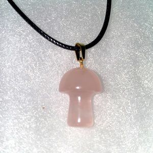 Boho natural Rose Quartz Mushroom 🍄 Black Cord Neckl…